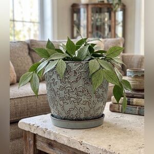 Turquoise Ceramic Floral Barrel Planter with Attached Saucer & Drainage Hole